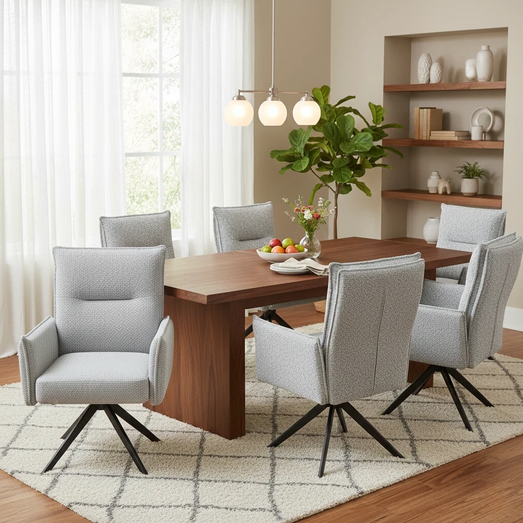 living room of Digital rendering of the ‘Sarah’ Swivel Dining Chair, illustrating the shape and textured chenille fabric.