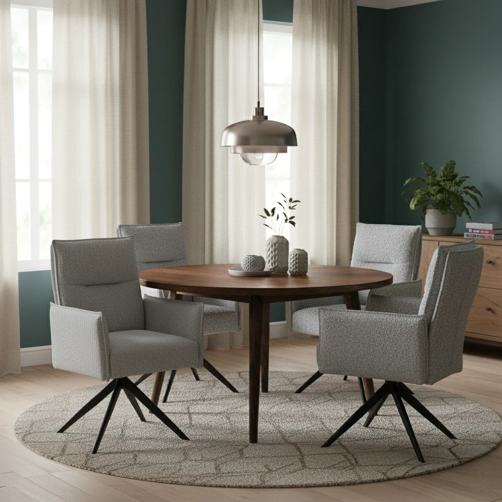 living room of Digital rendering of the ‘Sarah’ Swivel Dining Chair, illustrating the shape and textured chenille fabric.