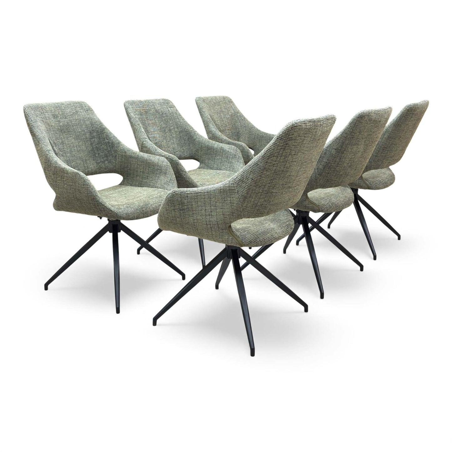 The ‘Charlotte’ Swivel Dining Chair in Sage Green Tweed, showcasing the bucket seat design and black star base.