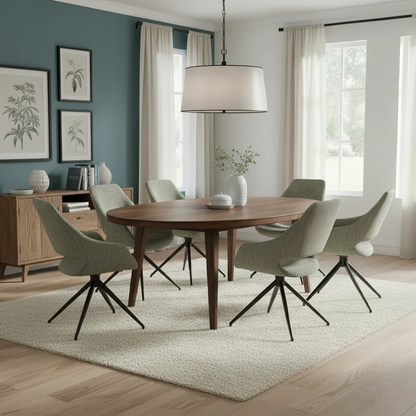 living room of Digital rendering of the ‘Charlotte’ Swivel Dining Chair, illustrating the full shape and upholstery texture.