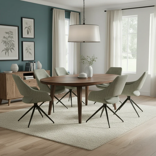 living room of Digital rendering of the ‘Charlotte’ Swivel Dining Chair, illustrating the full shape and upholstery texture.
