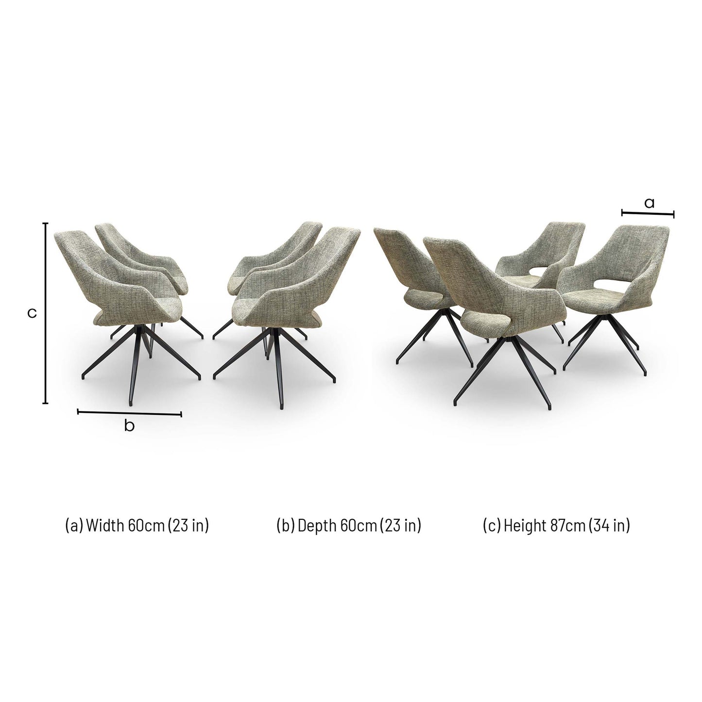 Dimensions for the Charlotte Sage Green Tweed Swivel Dining Chair.