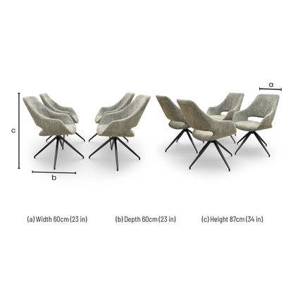 Dimensions for the Charlotte Sage Green Tweed Swivel Dining Chair.