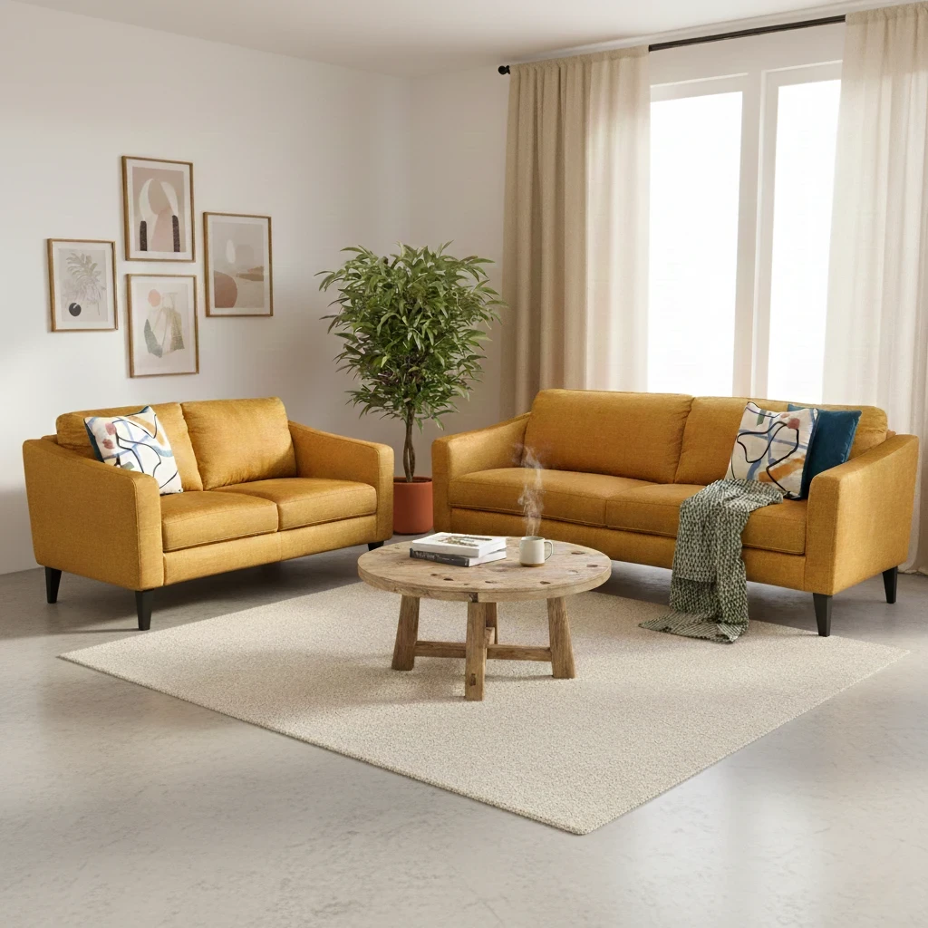 Living Room of the 'Oslo' Vogue Amber Yellow 3 + 2 Seater Sofa Set.