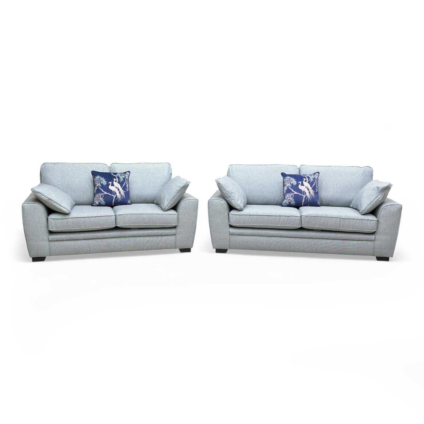 Full View of The Sofology Chalfont 3-Seater Sofa in Duck Egg Tight Weave Fabric, showcasing its sloped arm design.
