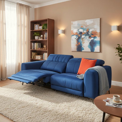 Living Room of the 'Ezra' 3-Seater Sofa, showcasing its contemporary design and royal blue velvet.