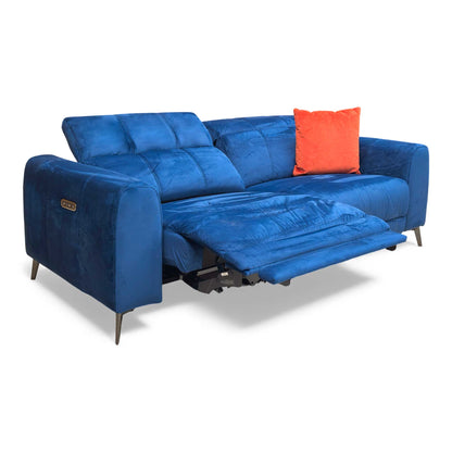 Full frontal view of the 3-seater power recliner sofa in royal blue velvet, headrests up.