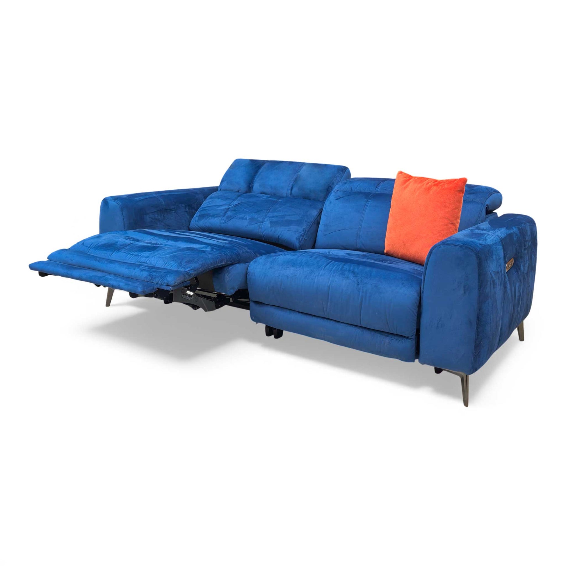 Side view of the Ezra sofa, highlighting its sleek profile and gunmetal finished legs.