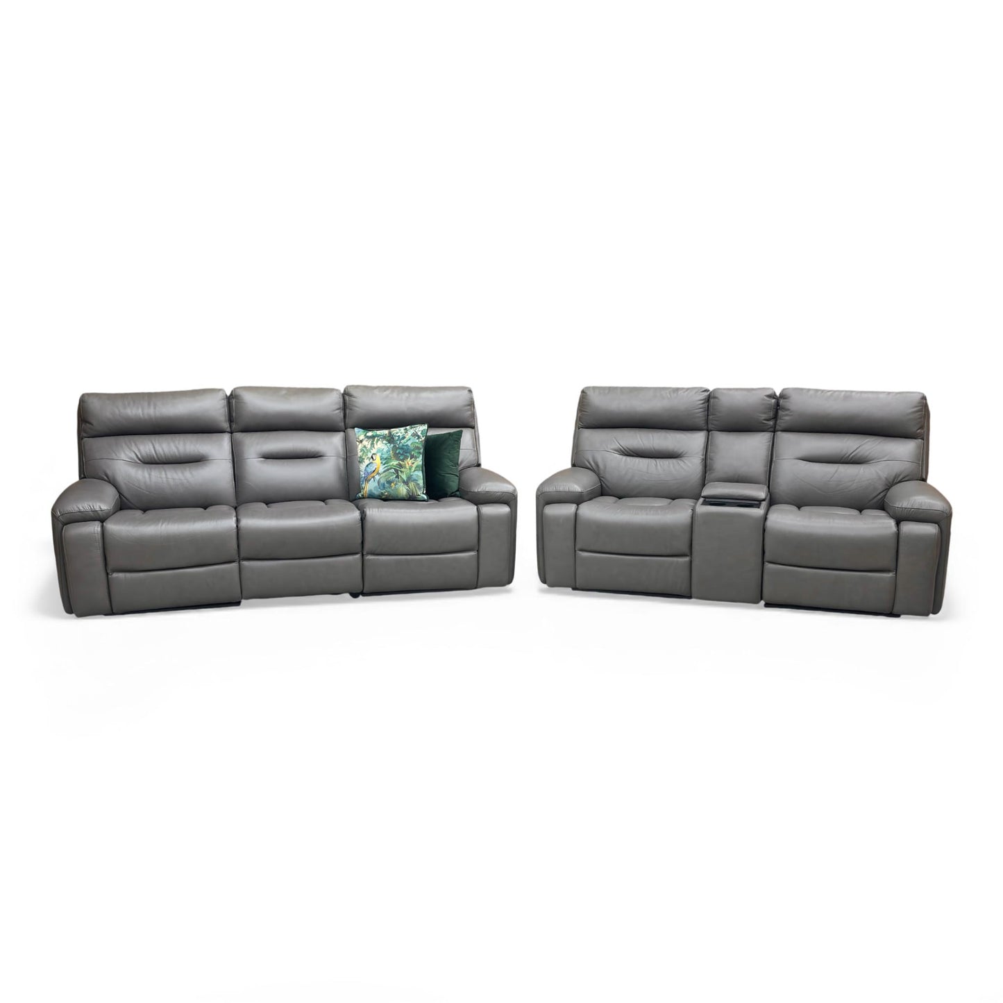 'Cinemax' Le-9308 Grey Leather 3 Seater Power Recliner with Power Headrests + Media 2 Seater Power Recliner Sofa with Power Headrests