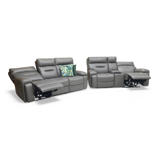 Full frontal view of the Cinemax 3-Seater Power Recliner Sofa in Grey Leather with Power Headrests.