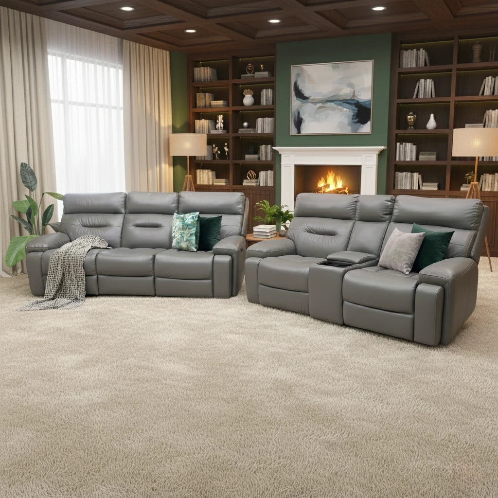 Living Room of the Cinemax 2-Seater Media Power Recliner Sofa in Grey Leather, highlighting the central console.