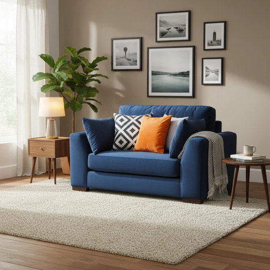 Living Room of the 'Moscow’ Royal Navy Blue Velvet Love Seat.