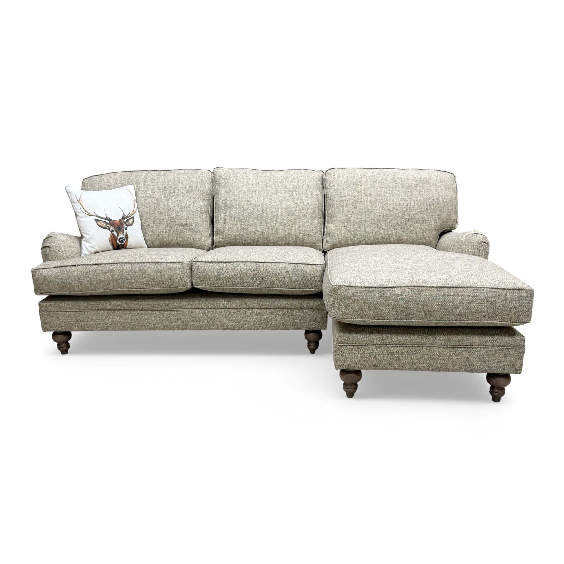 Full frontal view of the right-hand facing corner chaise sofa in fudge brown.