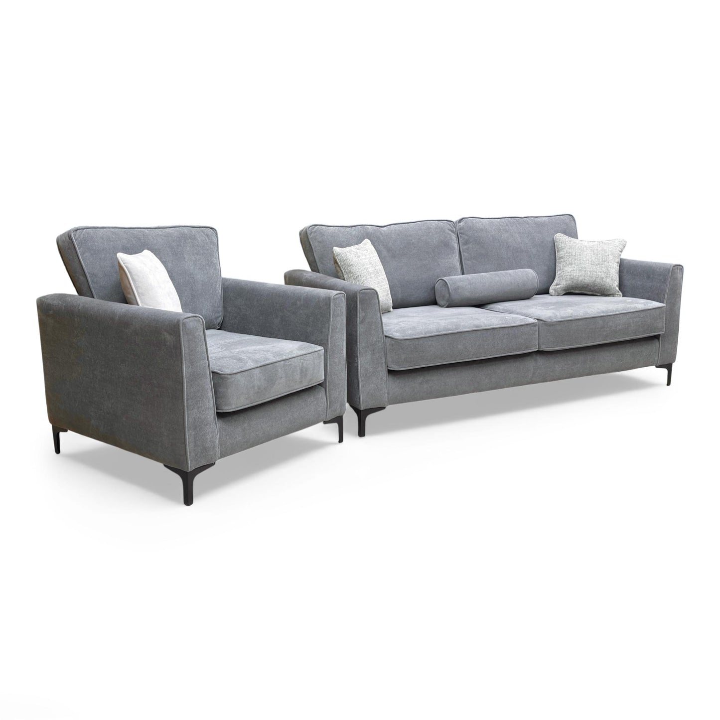 Full view of the 'Smith' 3 Seater Sofa and matching Armchair in steel velvet.