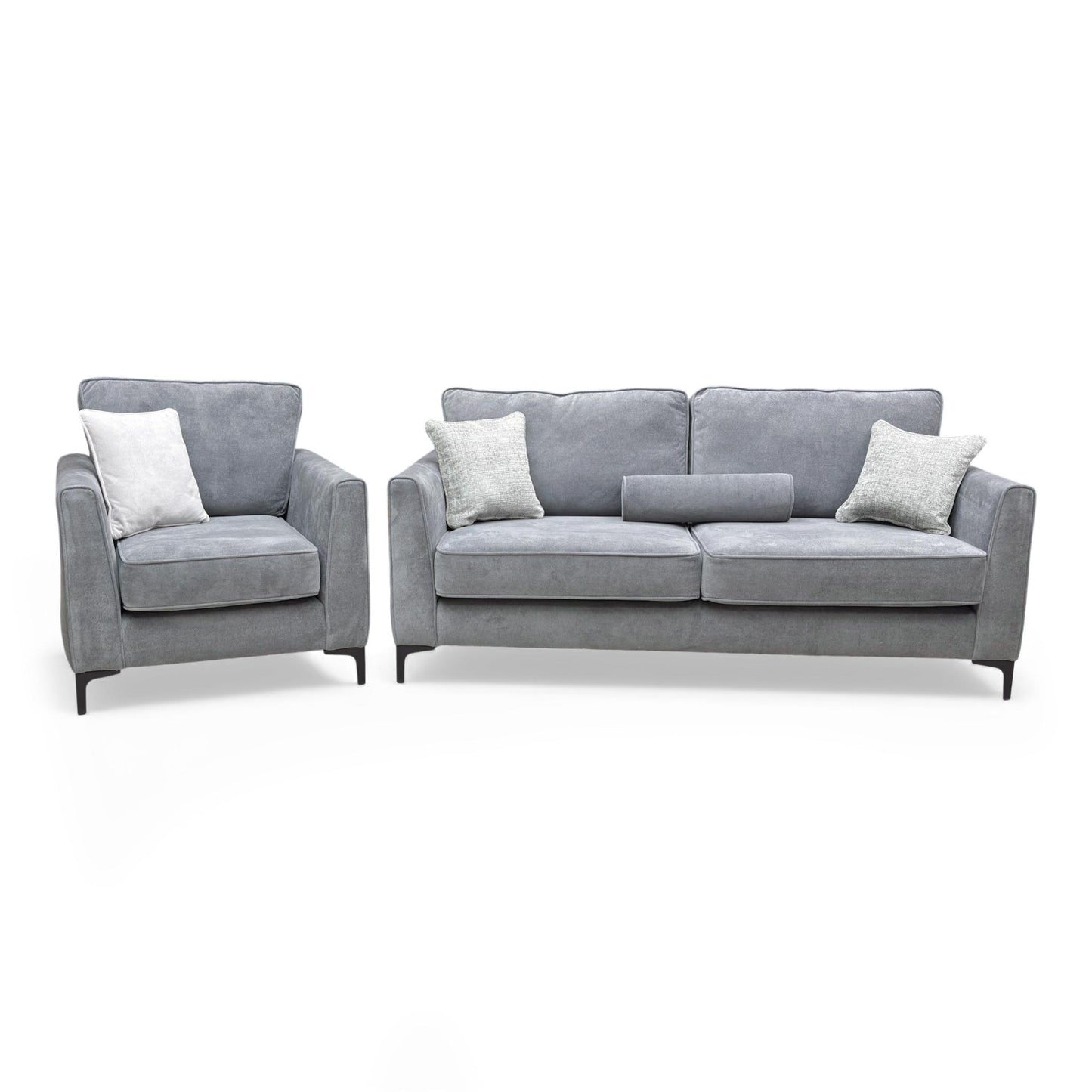 Full frontal view of the 'Smith' 3 Seater Sofa and matching Armchair in steel velvet.