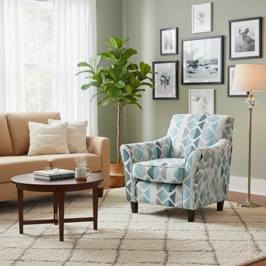 Living room of Digital rendering of the 'Karl' Blue Patterned Fabric Accent Chair.