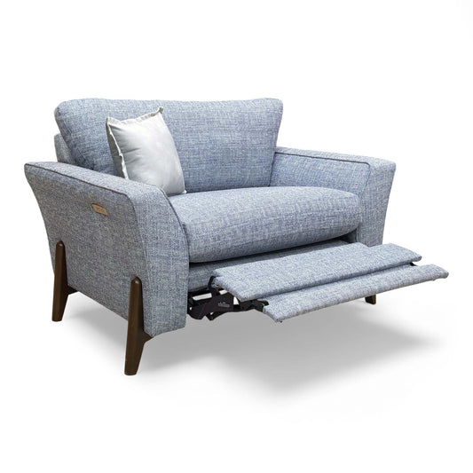 Frontal view of the 'Collins' Marine Blue Power Recliner Love Seat.