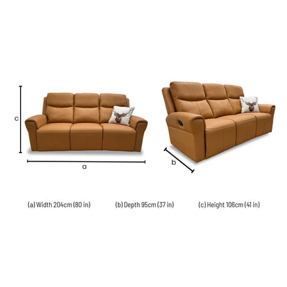 Dimensions for the 'Irene' Tan Leather 3 Seater Manual Recliner Sofa