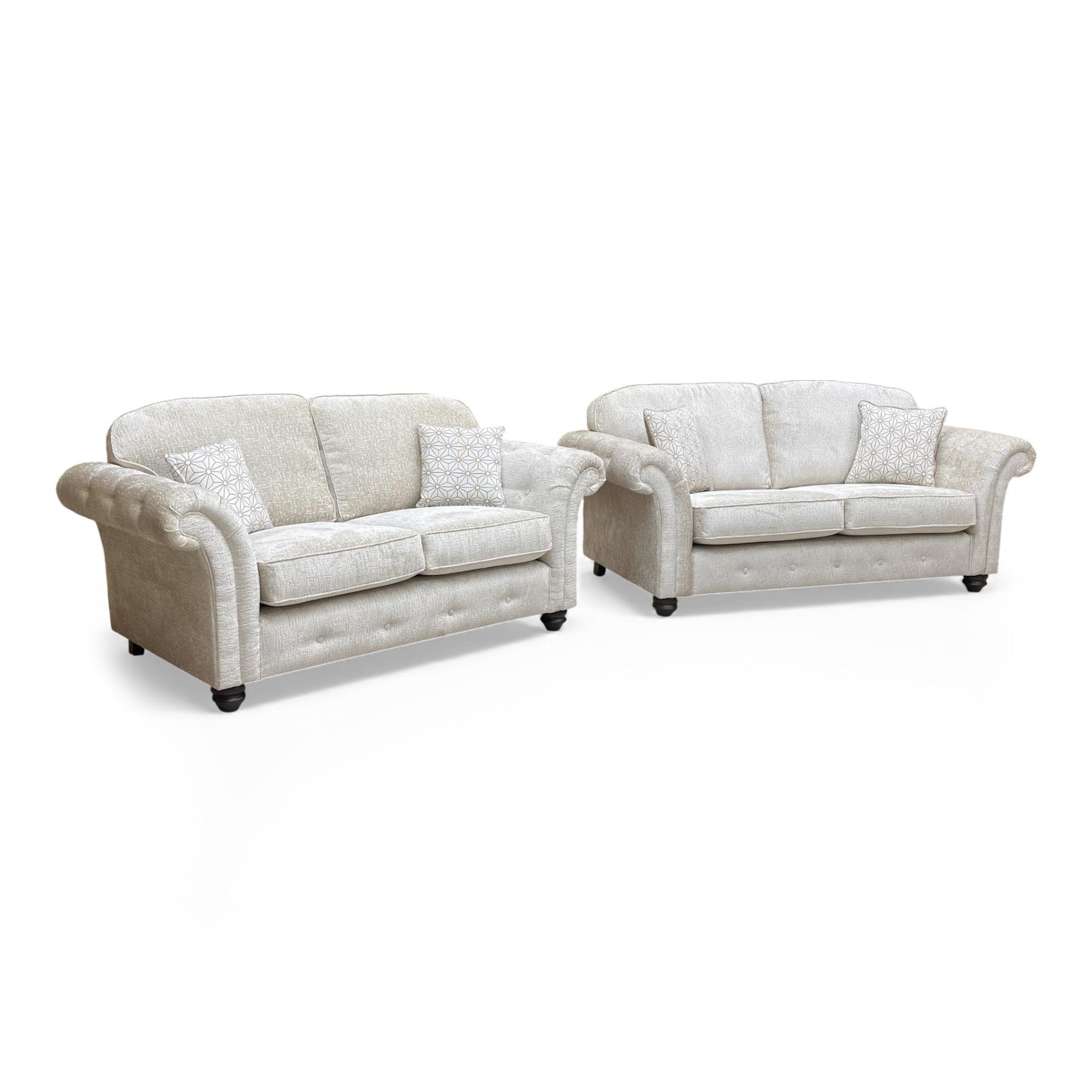 Frontal view of the 'Venice' 3 + 2 Seater Sofa Set in truffle chenille fabric.