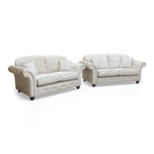 Frontal view of the 'Venice' 3 + 2 Seater Sofa Set in truffle chenille fabric.