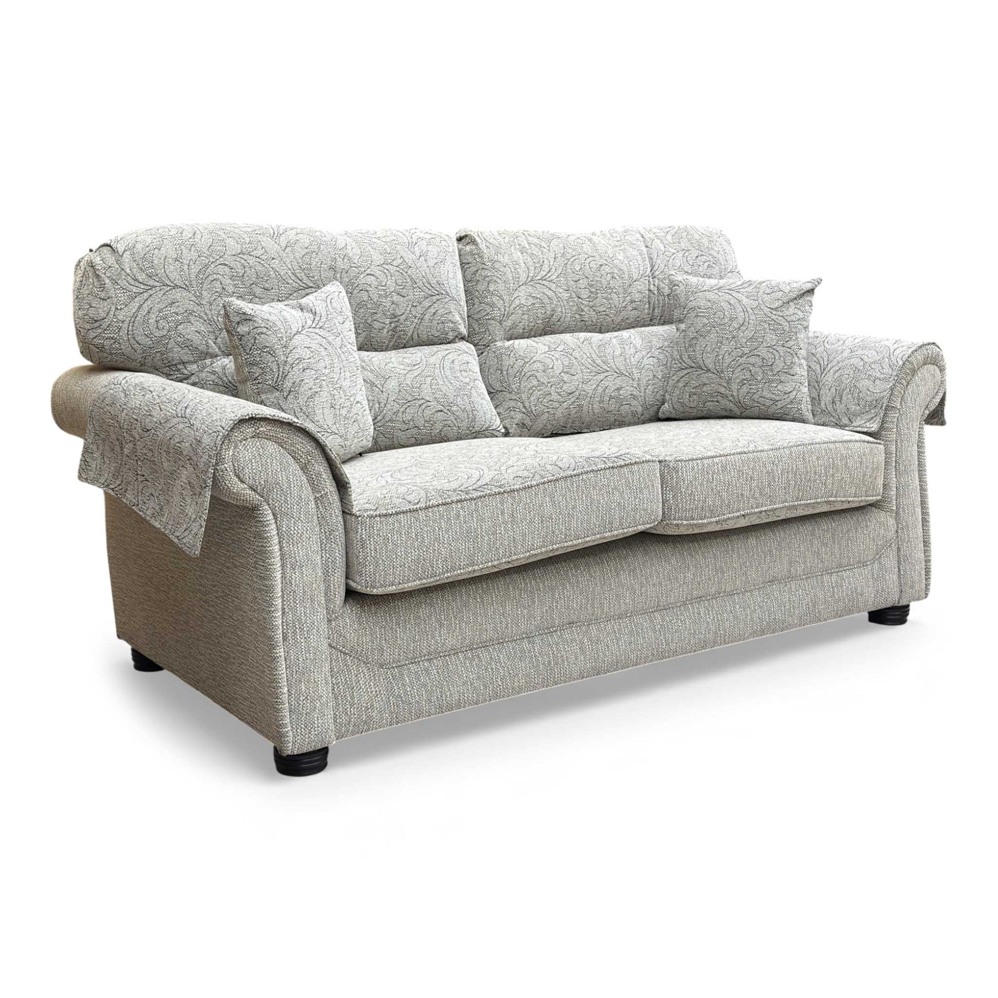 Frontal view of the 'Harry' 3 Seater Sofa in oatmeal patterned woven fabric.