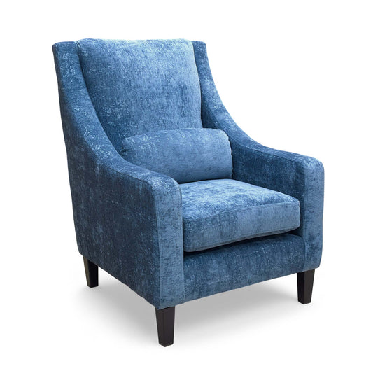 Full view of the accent chair in marine blue chenille fabric.