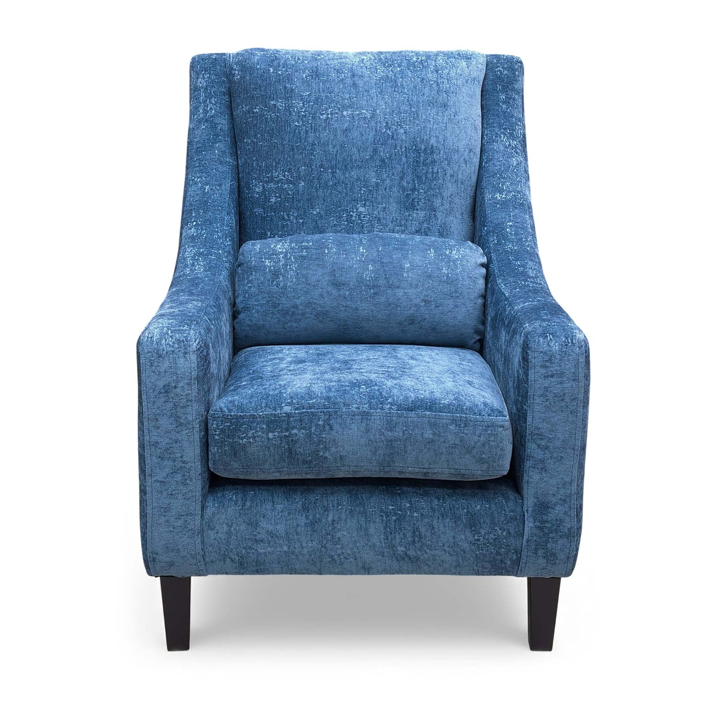 frontal view of the accent chair in marine blue chenille fabric.