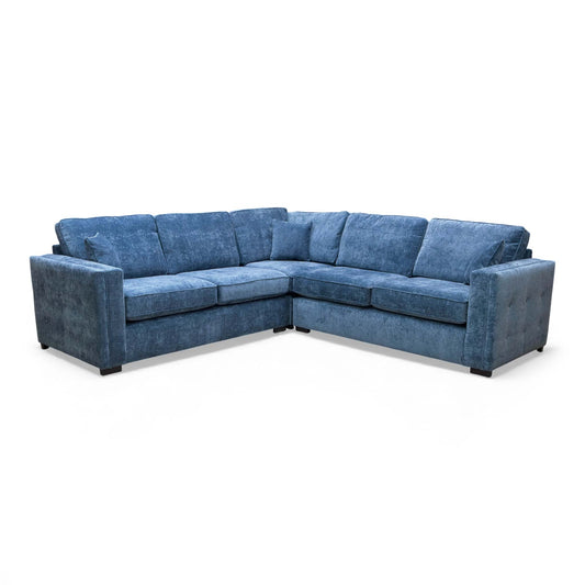 Frontal view of the 'Stella' 2 Corner 2 Sofa in Marine Blue Chenille Fabric.