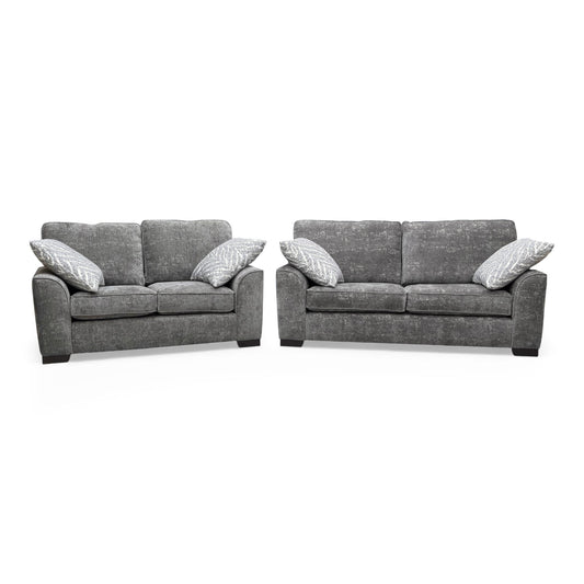 Full frontal view of the 'Theodore' Meridian Charcoal Grey Chenille Fabric 3 + 2 Seater Sofa Set.
