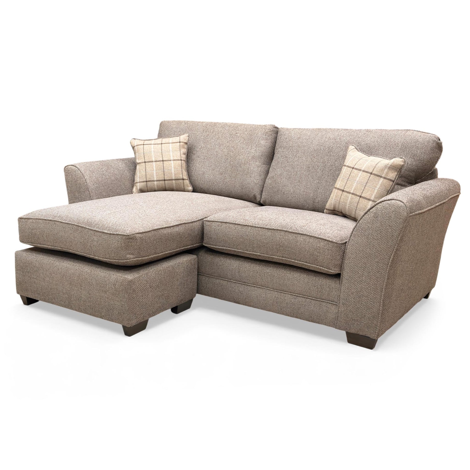 Side view of the ‘Amelia’ Sultan Brown Reversible Chaise Sofa.
