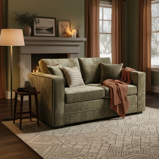 Living Room of the 'Isaac' Olive Green Sofa Bed in a modern living space.