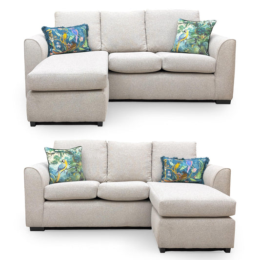 Front view of the 'Ashley' 3-seater chaise sofa in Oatmeal weave fabric, showing the left-hand facing open-end design.