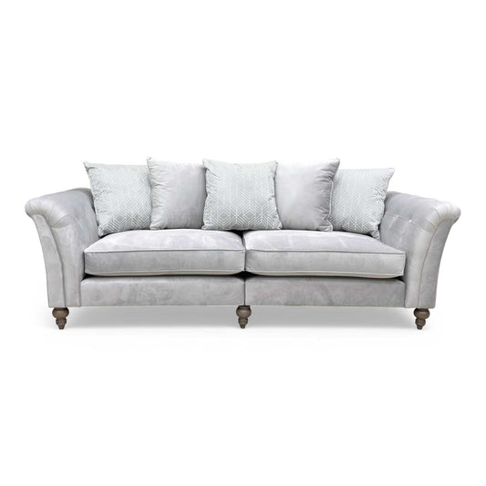 Full frontal view of the 'Milton' Plush Silver Sensual Velvet Scatter Back 4 Seater Sofa.