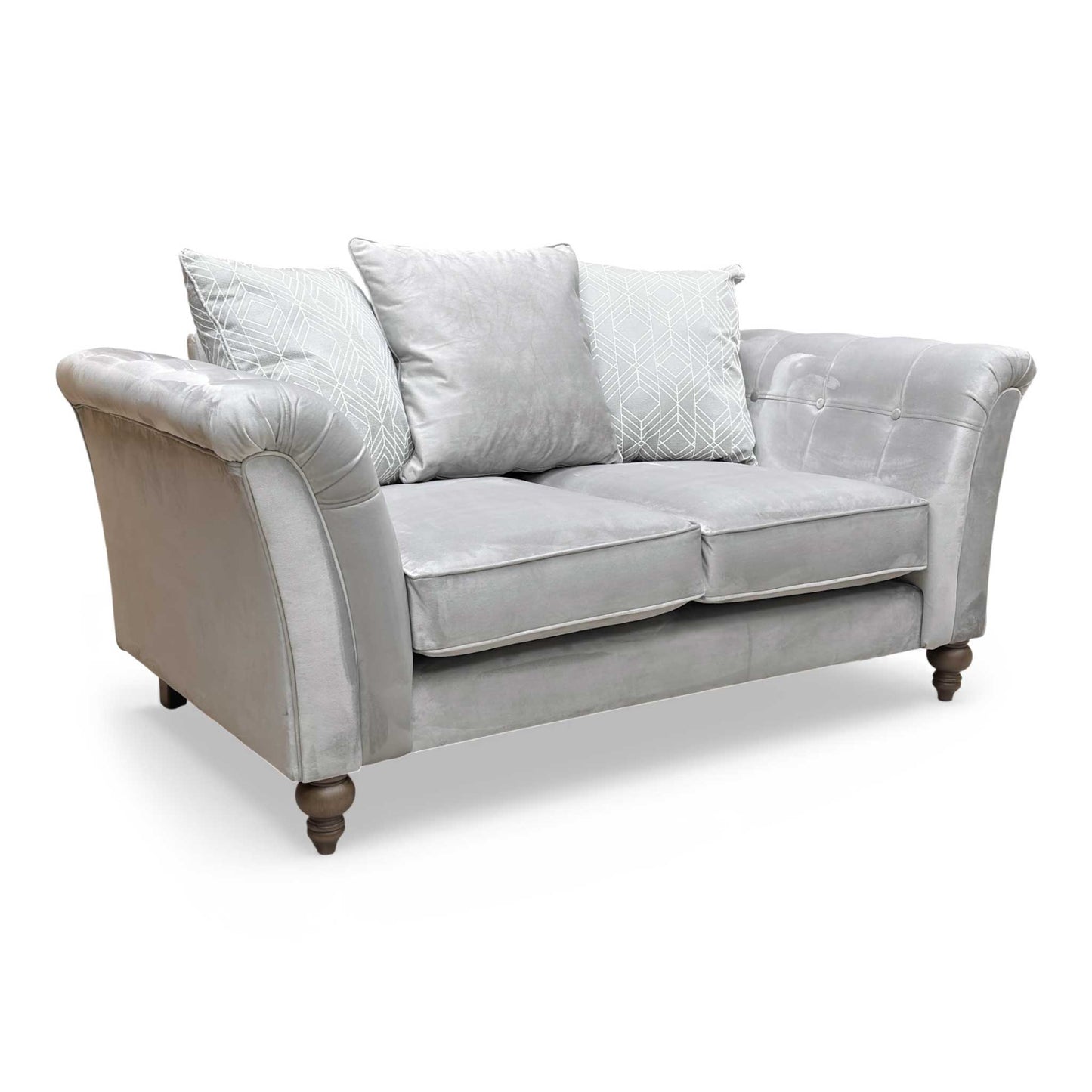 Angled view of the ‘Milton' Plush Silver Sensual Velvet Scatter Back 2 Seater Sofa.