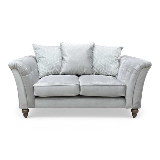 Full view of the ‘Milton' Plush Silver Sensual Velvet Scatter Back 2 Seater Sofa.
