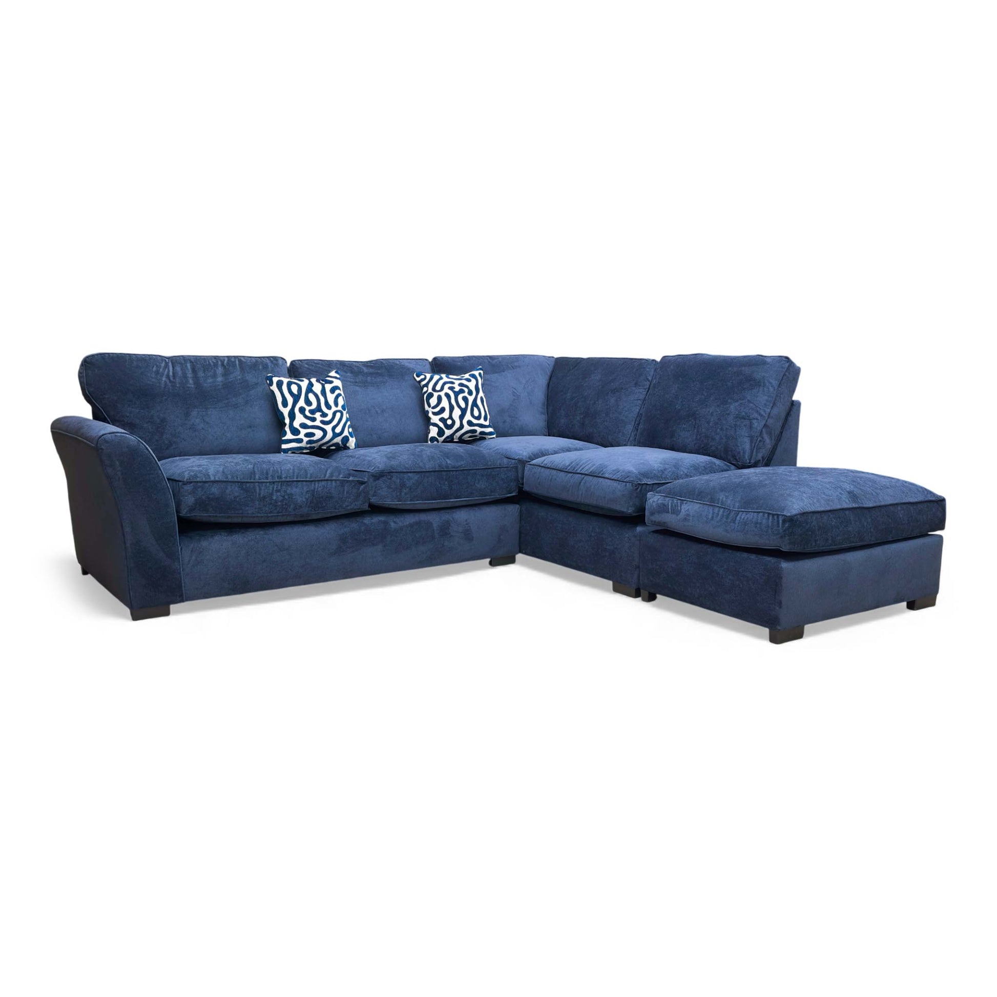 Full view of the ‘Rosie’ Kingston Navy Blue Right Hand Facing Open End Corner Chaise.