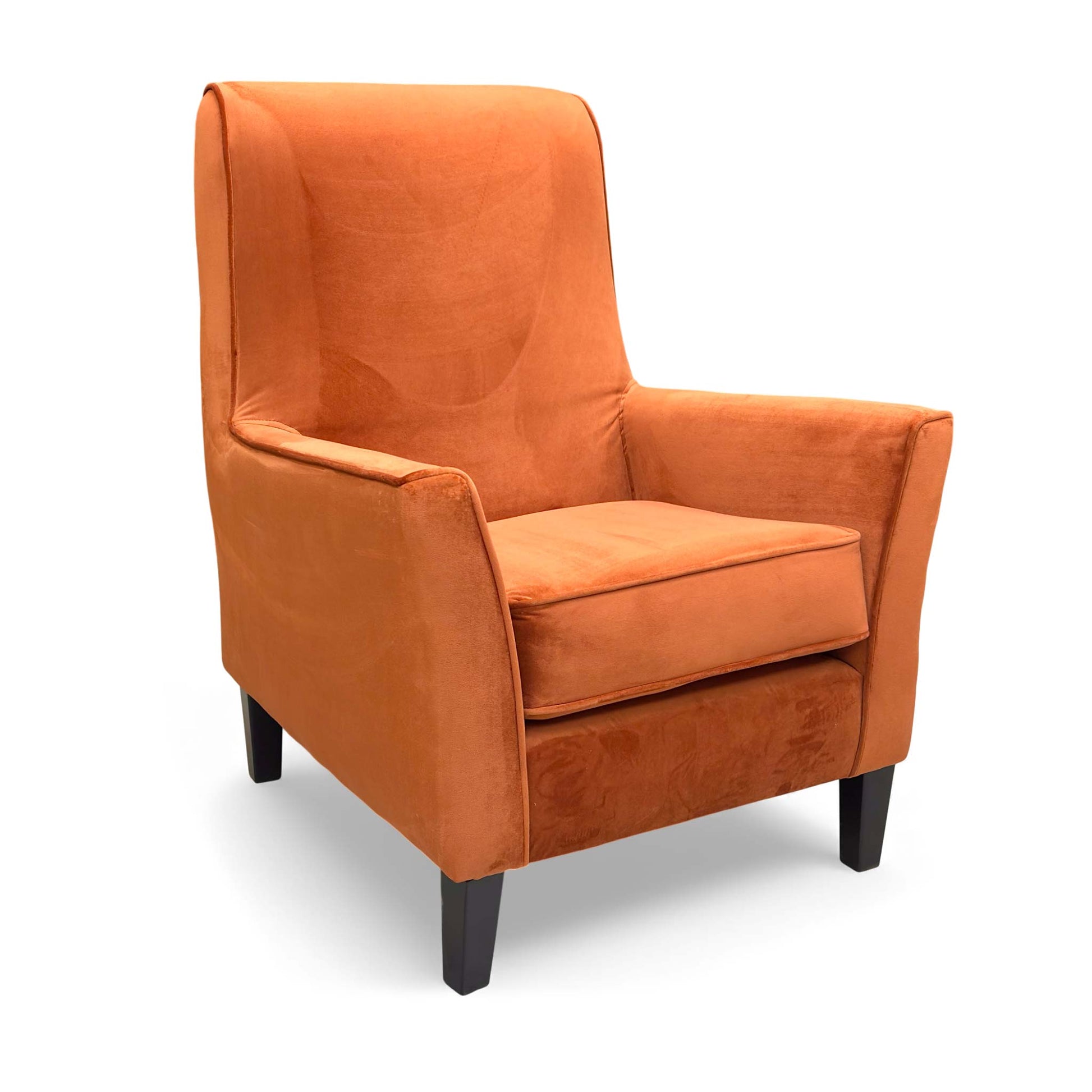 Front view of 'David' accent chair, upholstered in luxuriously soft marmalade orange velvet.