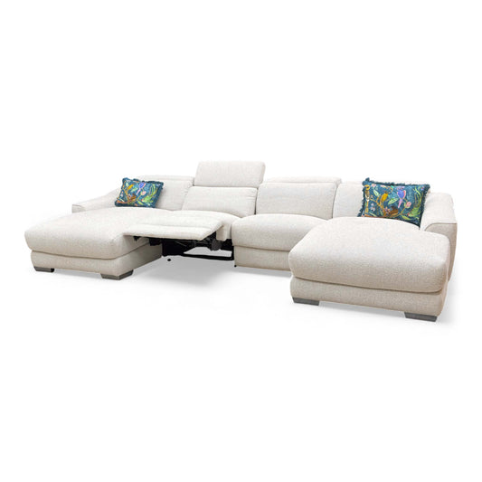 ‘Xavier’ Fab-Mil-R110 Sand Woven Fabric Large Double Ended Power Recliner Chaise with Power Headrests + Double Power Recliner Armless Unit with Double Power Headrests