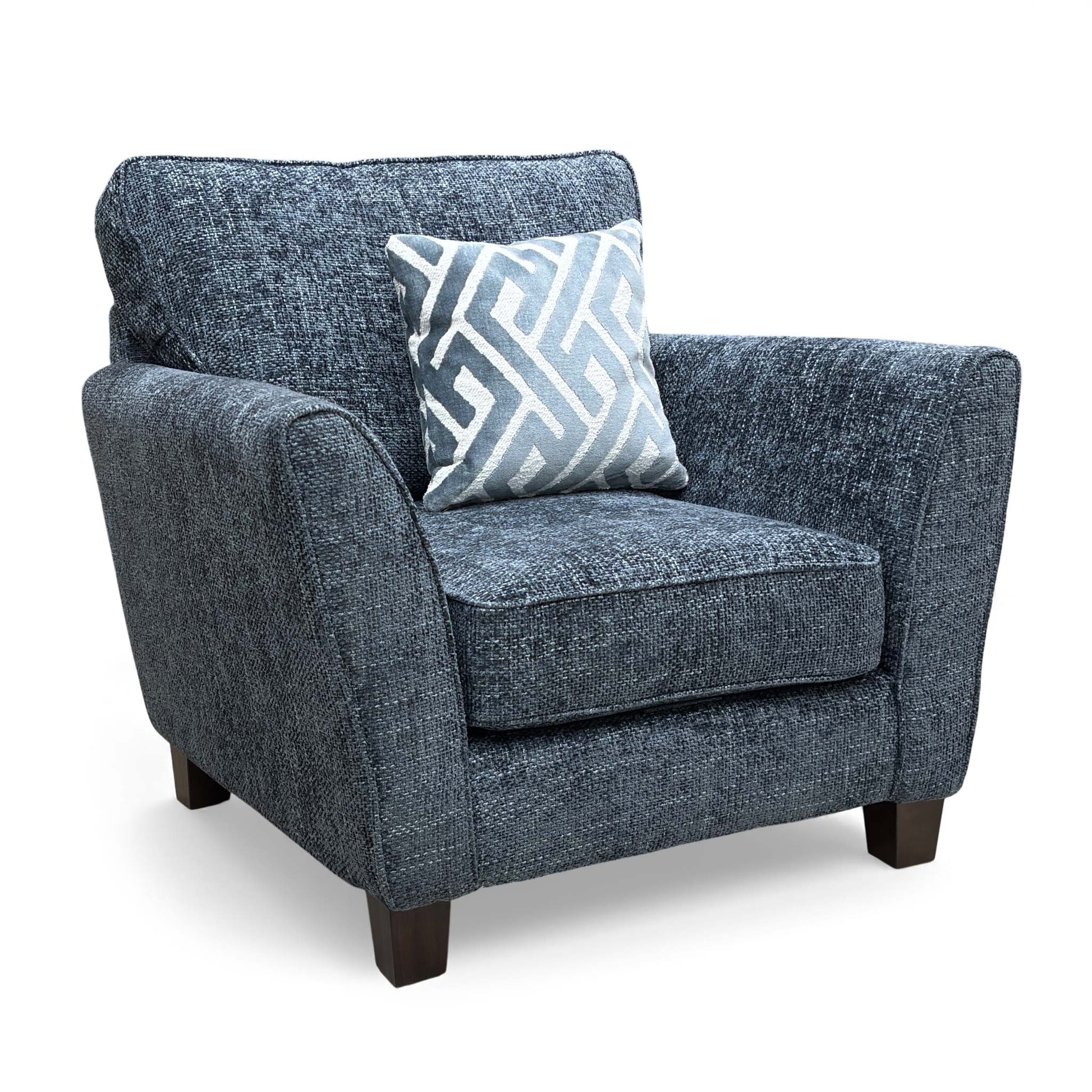 Angled view of the ‘Tabitha’ Navy Blue Woven Fabric Chair, showing the curved armrest.