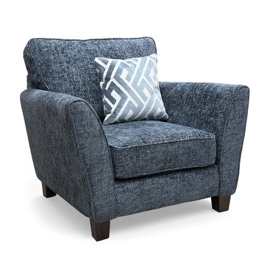 Angled view of the ‘Tabitha’ Navy Blue Woven Fabric Chair, showing the curved armrest.