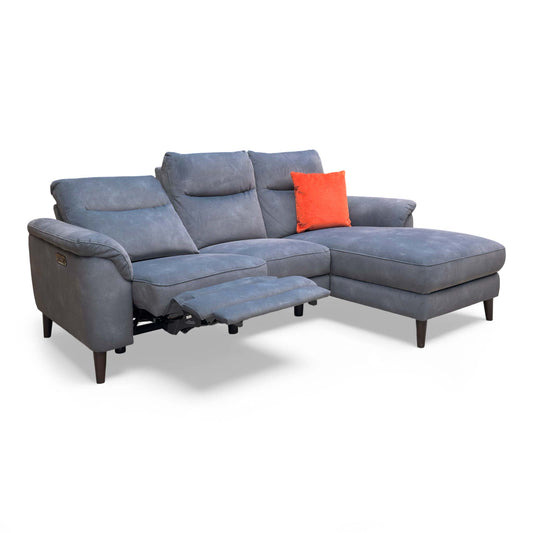 Full view of the ‘Morgan' Dexter Shadow Charcoal Grey Velvet 3 Seater Right Hand Facing Power Recliner Sofa with Chaise End, reclined.