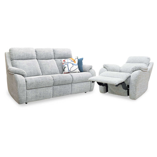 G Plan ‘Kingsbury' B102 Shore Oatmeal Woven Fabric 3 Seater + Power Recliner Armchair Sofa Set Furniture Village