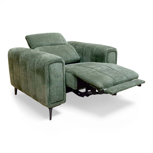 Full view of the ‘Elphaba’ Manhattan Pine Green Linen Power Recliner Chair.
