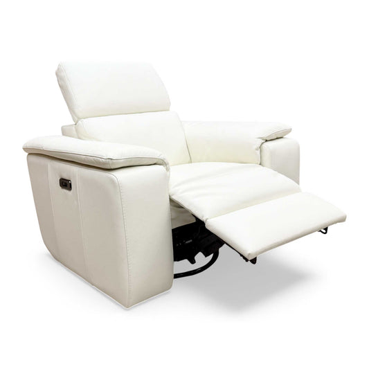 Full-angle view of the Nicoletti 'Davide' White Leather Swivel Rocker Power Recliner Chair.