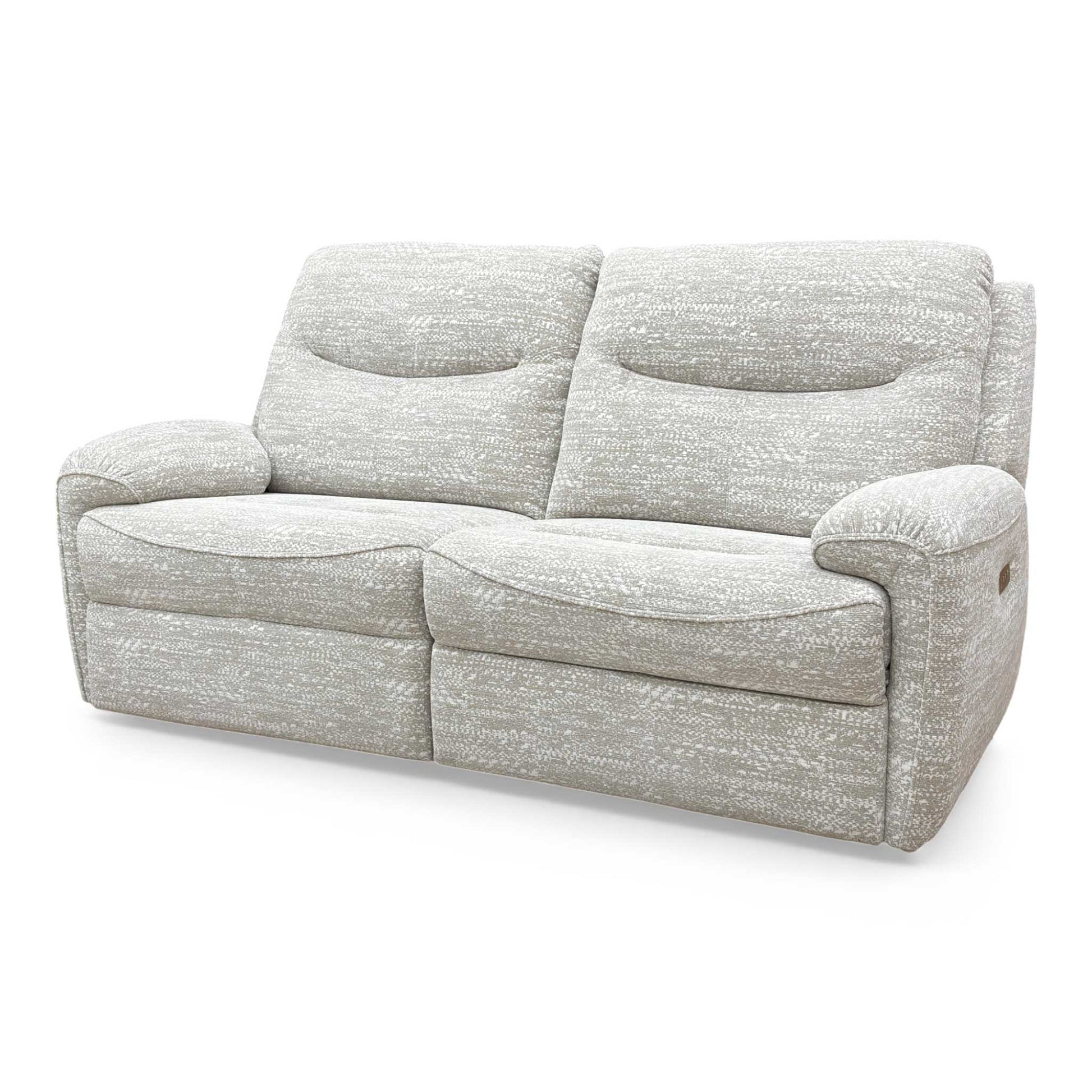 Angled view showing the arm design and upholstery.
