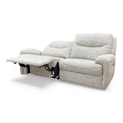 Angled view of the G Plan ‘Amesbury’ Maddox Olive Power Recliner Sofa.
