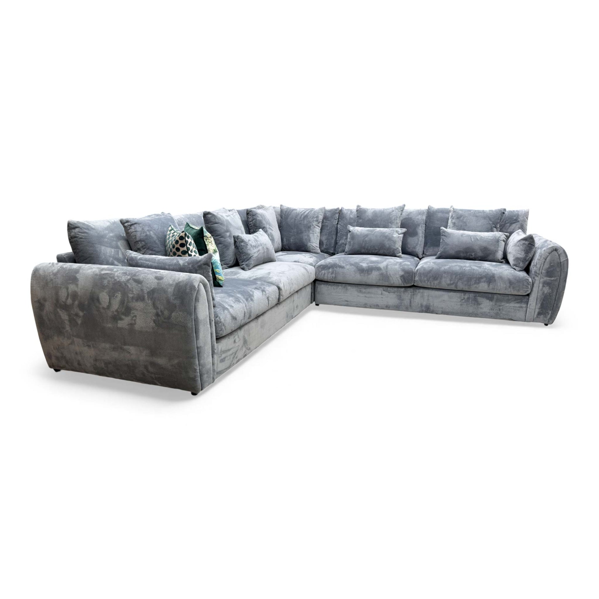 Side view emphasizing the plush velvet fabric and formal back cushions.