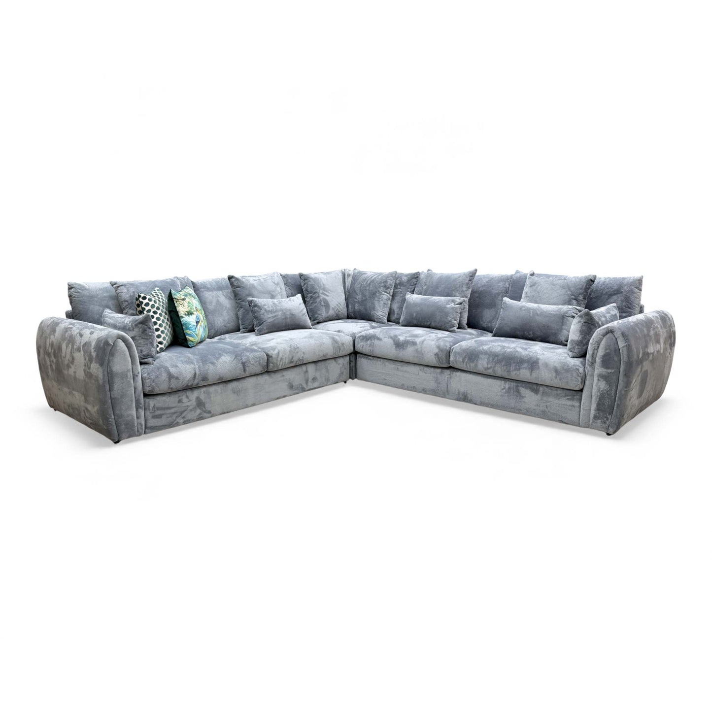 Full-angle view of the 'Alarna' Bluish Grey Velvet Formal Back 2 Corner 2 Sofa.