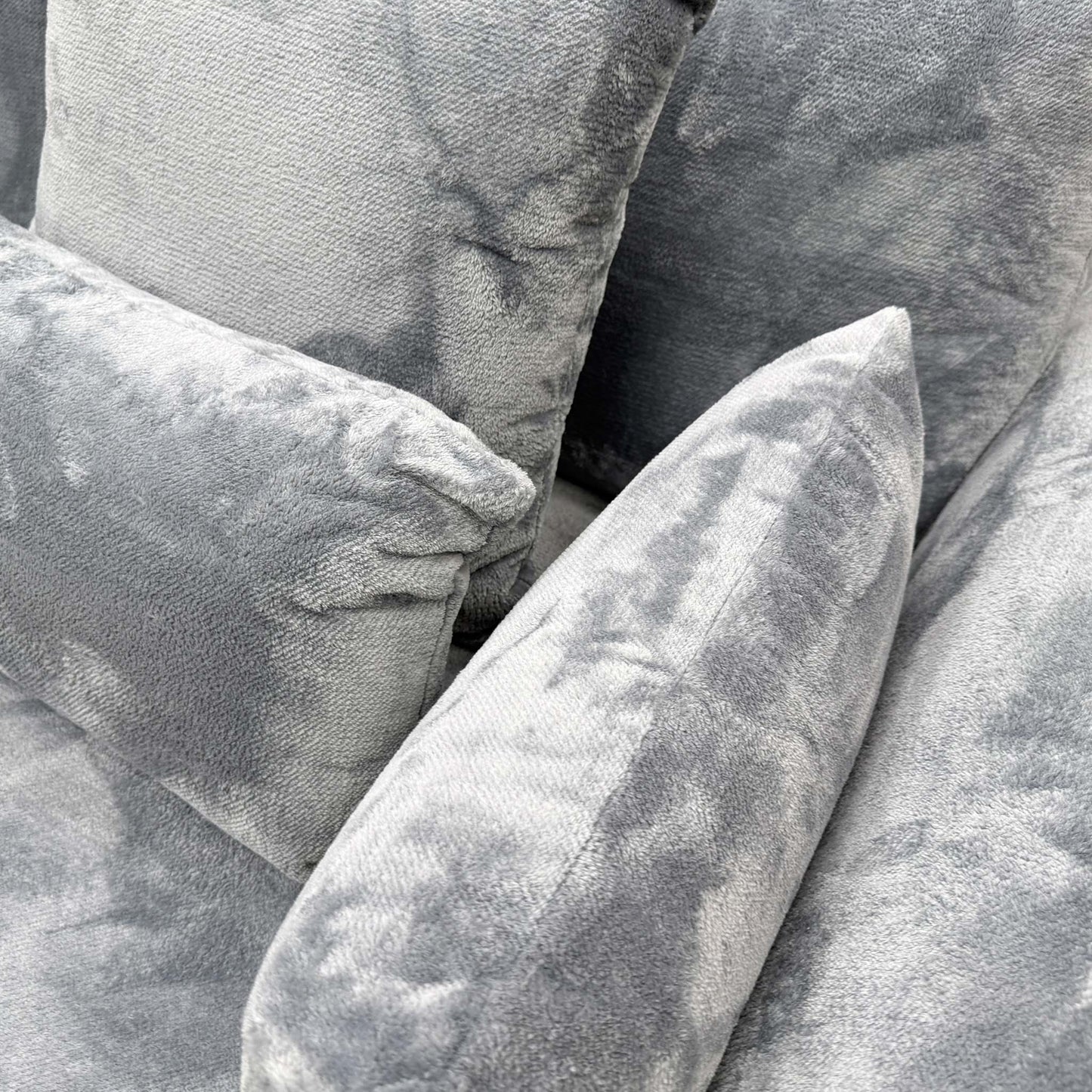 Close-up showing the detail and texture of the Bluish Grey Velvet upholstery.