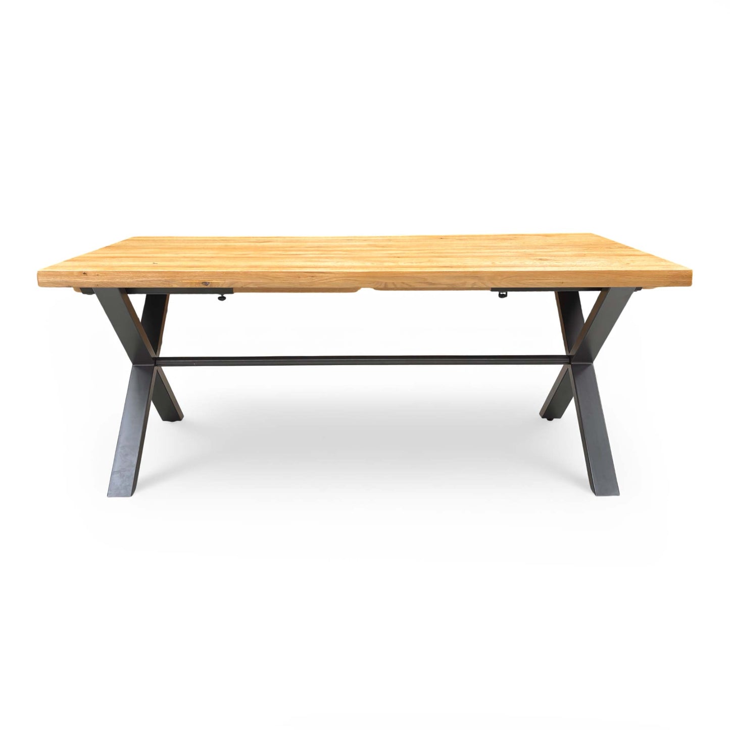 Detail shot of the rustic wire-brushed and oiled solid oak tabletop finish.